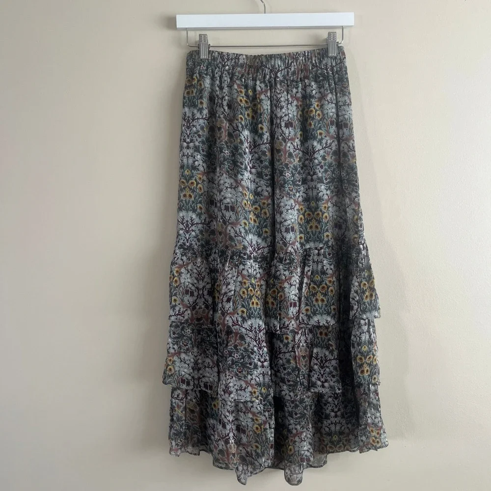 ba&sh Floral Tiered Ruffle Midi Skirt Sage Blue Moody Vintage Print 0 XS